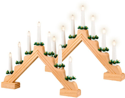 Lumineo Kaarsenbrug - 2x - naturel - hout - met LED verlichting - 7 led lampjes - 4,8 x 39,5 x 32 cm