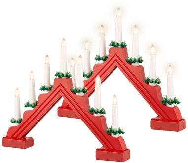 Lumineo Kaarsenbrug rood - 2x - hout - met LED verlichting - 7 led lampjes - 4,8 x 39,5 x 32 cm
