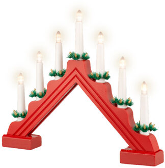 Lumineo Kaarsenbrug rood - hout - met LED verlichting - 7 led lampjes - 4,8 x 39,5 x 32 cm