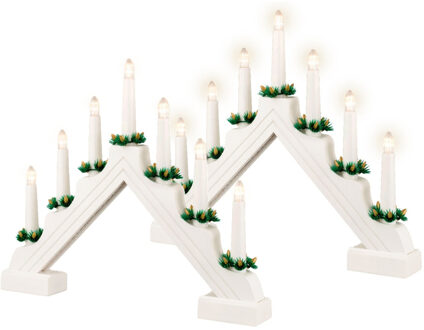 Lumineo Kaarsenbrug wit - 2x - hout - met LED verlichting - 7 led lampjes - 4,8 x 39,5 x 32 cm