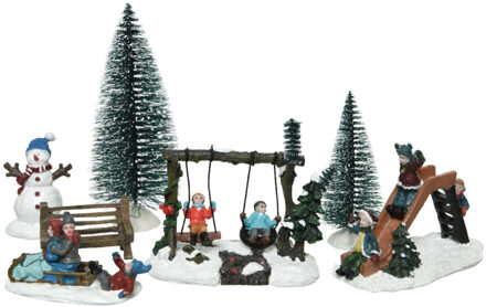 Lumineo Kerstdorp accessoires - 7-delig - figuurtjes/poppetjes en kerstboom Multi