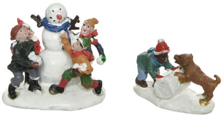 Lumineo kerstdorp figuurtjes - sneeuwpop en hondje - 4,5 x 6 x 5,5 cm - polyresin Multi