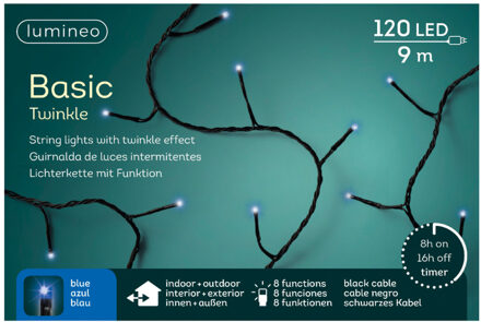 Lumineo Kerstverlichting - 120 led lampjes - blauw - timer - lichtsnoer - buiten