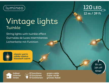 Lumineo Kerstverlichting - 120 vintage led lampjes- 1190 cm - 8 functies - groen snoer