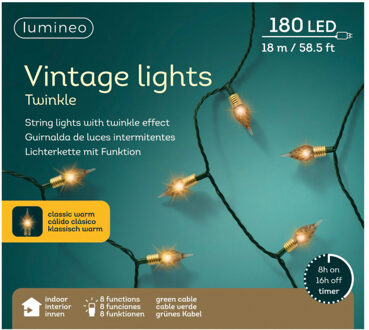 Lumineo Kerstverlichting - 180 vintage led lampjes- 1790 cm - 8 functies - groen snoer