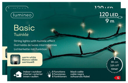 Lumineo Kerstverlichting - 2x - 120 led lampjes - warm wit - 9 meter - zwart snoer - lichtsnoer