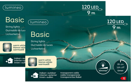 Lumineo Kerstverlichting - 2x - 120 led lampjes -warm wit -900 cm - transparant snoer -timer en dimmer