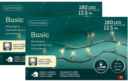 Lumineo Kerstverlichting - 2x - 180 led lampjes -warm wit -1350 cm - transparant snoer -timer en dimmer
