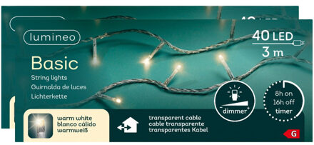 Lumineo Kerstverlichting - 2x - 40 led lampjes -warm wit -300 cm - transparant snoer -timer en dimmer