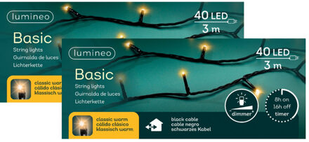 Lumineo Kerstverlichting - 2x - 40 leds - klassiek warm wit -300 cm - zwart snoer -timer en dimmer
