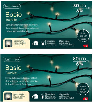 Lumineo Kerstverlichting - 2x - 80 led lampjes - warm wit - 6 meter - zwart snoer - lichtsnoer