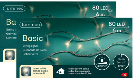 Lumineo Kerstverlichting - 2x - 80 led lampjes -warm wit -600 cm - transparant snoer -timer en dimmer