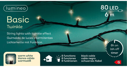 Lumineo Kerstverlichting - 80 led lampjes - warm wit - 6 meter - zwart snoer - lichtsnoer