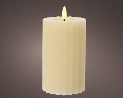 Lumineo LED kaars/stompkaars - creme wit ribbel- D7,5 x H15 cm - timer - LED kaarsen Beige