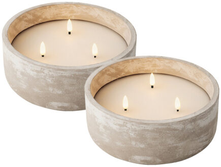Lumineo LED kaars/stompkaars -met 3 lonten - 2x st - beton grijs - D20 x H8 cm - buiten