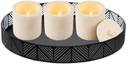 Lumineo LED kaarsen met deksel - 3x - beton wit - met zwart rond dienblad 29,5 cm - LED kaarsen