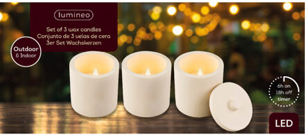 Lumineo LED kaarsen - set 3x st - beton wit - met deksel - D8 x H10 cm - voor buiten