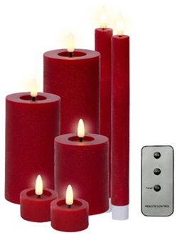 Lumineo LED kaarsen set - wax - 7-dlg - rood - dinerkaarsen/stompkaarsen/theelichten - afstandsbediening