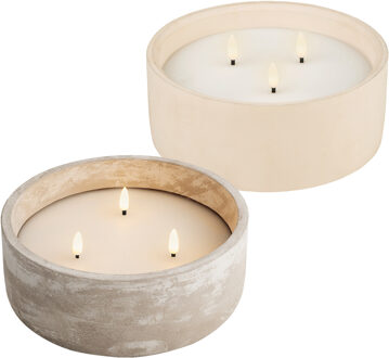 Lumineo LED kaarsen/stompkaarsen - set 2x - wit/grijs beton - met 3 LED vlammen - D20 x H8 cm - voor buiten