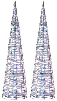 Lumineo LED kegel kerstboom lampen - 2x - zilver parelmoer - 30 leds wit - D15 x H60 - timer