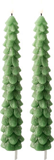 Lumineo LED kerstboom dinerkaars - 2x - groen - 29 cm - batterijen - timer - kerstdiner kaars - kerstkaars