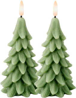 Lumineo LED kerstboom kaars - 2x - groen - 15 cm - batterijen - timer - kerstboom vorm kaarsen