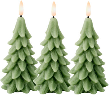 Lumineo LED kerstboom kaars - 3x - groen - 15 cm - batterijen - timer - kerstboom vorm kaarsen