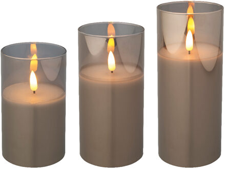 Lumineo luxe LED kaarsen - in glas - 3x stuks - grijs - stompkaarsen - timer