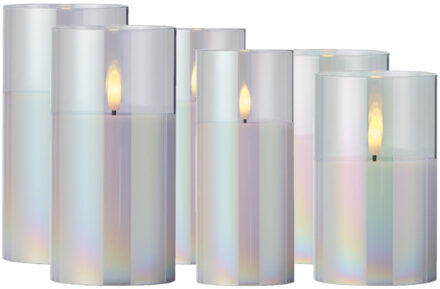 Lumineo Luxe LED kaarsen - in glas - 6x stuks - transparant parelmoer - stompkaarsen - timer