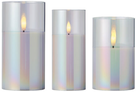 Lumineo Luxe LED kaarsen set - in glas - 3x stuks - transparant parelmoer - stompkaarsen - timer
