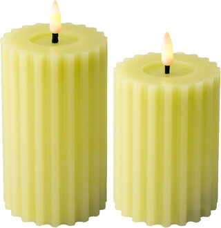 Lumineo Luxe LED kaarsen/stompkaarsen - set 2x - groen ribbel - D7,5 x H12,5 en H15 cm - timer
