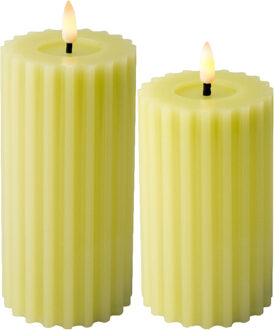 Lumineo Luxe LED kaarsen/stompkaarsen - set 2x - groen ribbel - D7,5 x H15 en H17 cm - timer