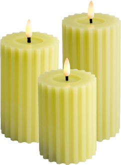 Lumineo Luxe LED kaarsen/stompkaarsen - set 3x - groen ribbel - D7,5 x H12,5 en H15 en H17 cm - timer