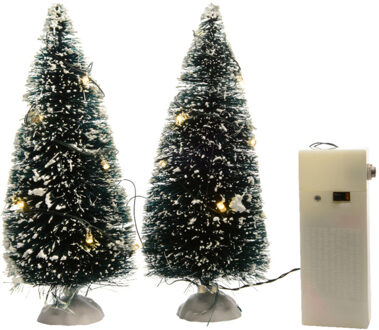 Lumineo Miniatuur boompjes/kerstboompjes - 2x st - met LED verlichting - Kerstdorpen Groen