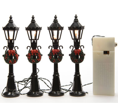 Lumineo Miniatuur lantaarnpalen - 4x st - 12 cm - met licht - Kerstdorp onderdelen/materialen Multi