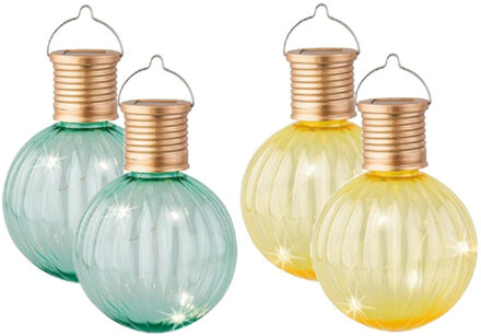 Lumineo Set van 10x stuks buiten led gele en turquoise lampion solar verlichting 11 cm