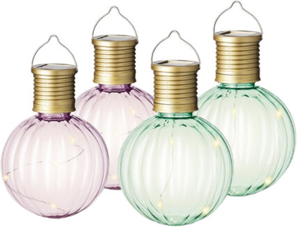 Lumineo Set van 10x stuks buiten led lichtroze en groene lampion solar verlichting 11 cm