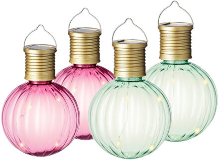 Lumineo Set van 10x stuks buiten led roze en groene lampion solar verlichting 11 cm