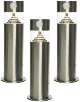 Lumineo Set van 3x stuks solar tuinlampen/prikspots met bewegingssensor cilinder op zonne-energie 50 cm
