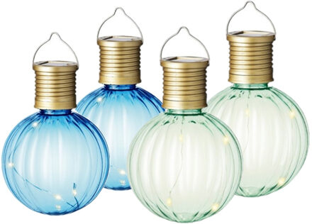 Lumineo Set van 4x stuks buiten led groene en blauwe lampion solar verlichting 11 cm