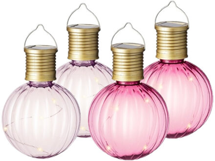 Lumineo Set van 4x stuks buiten led lichtroze en roze lampion solar verlichting 11 cm