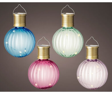 Lumineo Set van 4x stuks buiten led lichtroze, groene, blauwe en roze lampion solar verlichting 11 cm