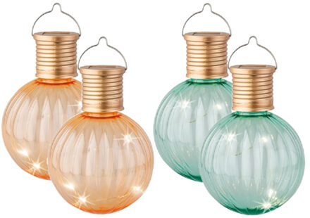 Lumineo Set van 4x stuks buiten led oranje en turquoise lampion solar verlichting 11 cm - Lampionnen Multikleur