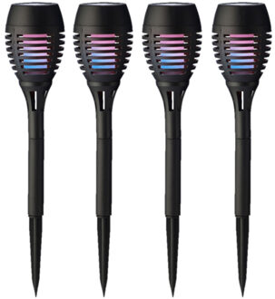 Lumineo Set van 4x stuks Solar tuinfakkels zwart met gekleurde vlameffect 27 cm