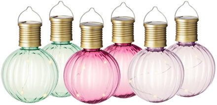 Lumineo Set van 6x stuks buiten led lichtroze, groene en roze lampion solar verlichting 11 cm