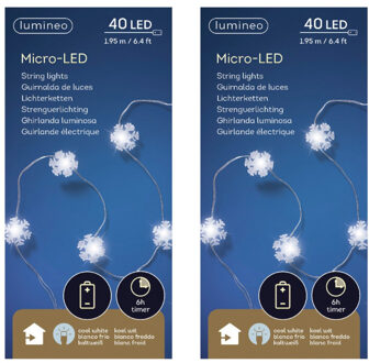 Lumineo Sneeuwvlokken lichtsnoer - 2x - wit - 40 led lampjes - timer - batterij 195 cm - sneeuw verlichting