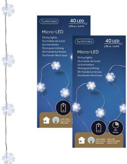 Lumineo Sneeuwvlokken lichtsnoer - 2x - wit - 40 led lampjes - timer - batterij 195 cm - sneeuw verlichting