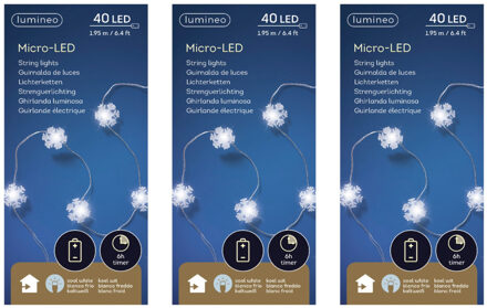 Lumineo Sneeuwvlokken lichtsnoer - 3x - wit - 40 led lampjes - timer - batterij 195 cm - sneeuw verlichting
