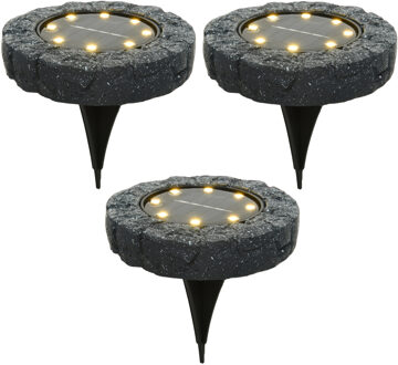 Lumineo Solar grond prikspot/tuinspot - 3x - LED - kunststeen - steengrijs - warm wit - 11 x 2 cm