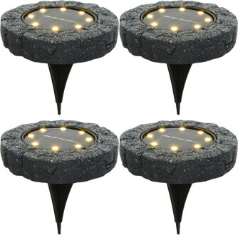 Lumineo Solar grond prikspot/tuinspot - 4x - LED - kunststeen - steengrijs - warm wit - 11 x 2 cm
